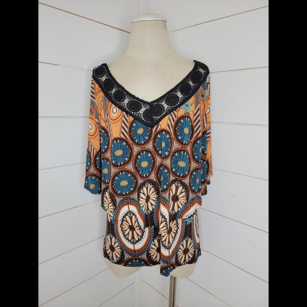 NWT Yahada small brown & blue print v neck ruffle layered short sleeve top